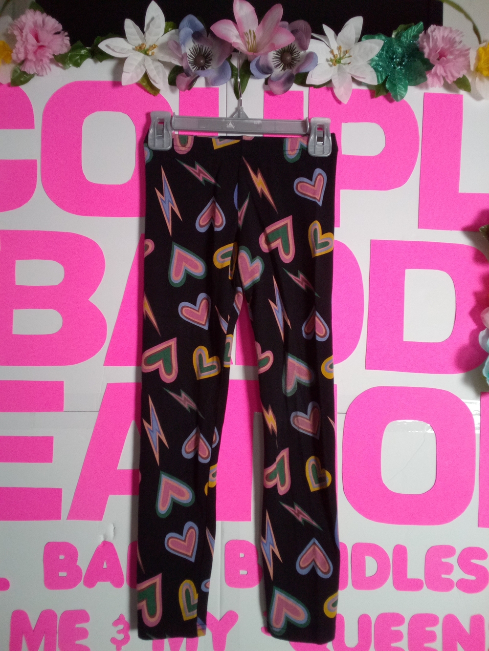 Kids Black Leggings with Colorful Hearts & Lightning Print